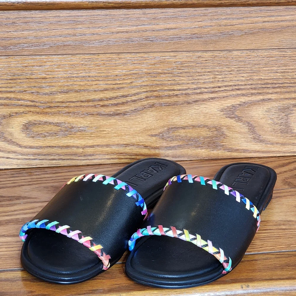 Karl Lagerfeld Paris Women's Black Cenie Whipstitch Slide Sandals Size 10